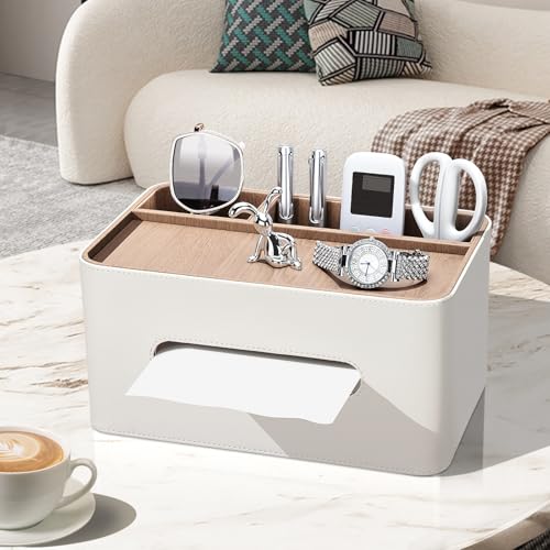 PU Leather Tissue Box Cover Rectangular with Storage Organizer, Multifunctional Remote Control Holder, Desk Organizer for Living Room, Bedroom, Office, Decorative Tissue Holder with Compartments Beige - color: Beige