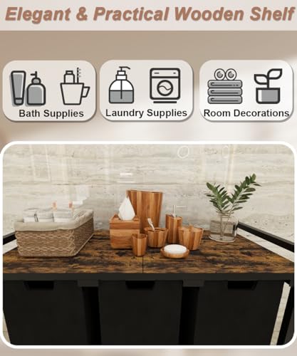 10 x 3 Gal Large Laundry Hamper with 3 Pull-Out & Removable Sorter Bags, Freestanding Clothes Basket Organizer for Clothing or Toys in Bathroom and Living Room, Rustic Brown and Black - size: 3 Section without wheels