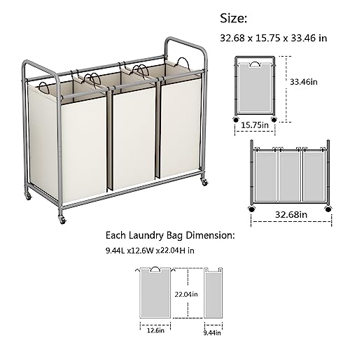 LINZINAR 3-Bag Laundry Sorter,Laundry Hamper Cart with Heavy Duty Rolling Lockable Wheels and Removable Bags (Beige) - size: 3 Bags Beige