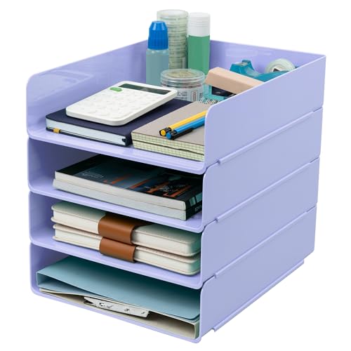 Tiawudi Desk Organizer, Office Organization and Storage, Plastic Letter Tray, Stackable File Organizer for Classroom, Home, Documents, Notes, Folders, Books and Pens, 4 Tier - color: Violet
