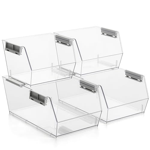 HOMESTEAD Set of 4 Stackable Storage Bins, 2 Large + 2 Small Clear Plastic Organizer Bins, Open Front Design for Kitchen Pantry, Fridge, Cabinet, Bathroom Organization and Snack Storage