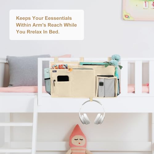 Surblue Bedside Caddy Hanging Organizer Storage Bag Pocket for Bunk, Hospital, College Dorm Rooms, Baby Bed Rails, Camp - 8 Pockets, Large, Beige - color: Beige, size: Large