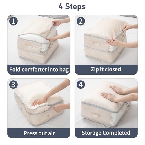 DIMJ Comforter Storage Bag 6 Pack - Blanket Storage Organizer Compression Bags, Large Capacity Ultra Space Saving Self Compression Organize for Bedding, Pillow, Duvet, Sheet Storage with Zipper Window - color: Beige, size: 66L x 6 Pack