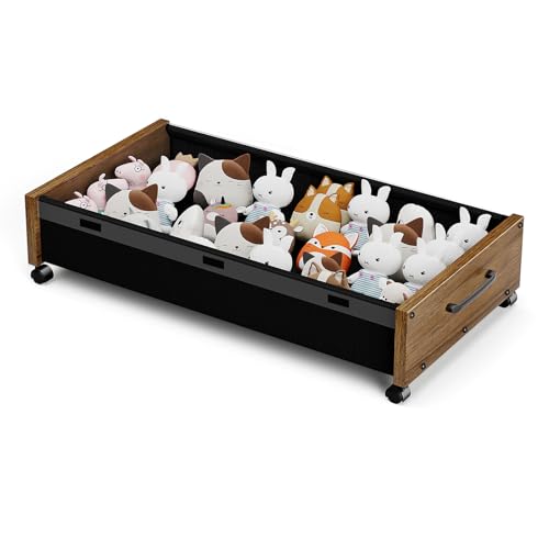 KITHELP Wooden Under Bed Storage with Wheels, Rolling Under the Bed Storage Bins with Removable Lid, Metal Under Bed Drawers for Clothes and Shoes in Bedroom or Living Room(Walnut Brown-1pack) - color: Walnut Brown-1pack