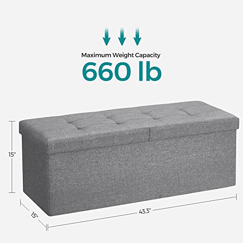 SONGMICS MAZIE Collection - 43 Inches Storage Ottoman, Foldable Storage Bench with Flipping Lid, 660 lb Load Capacity, for Entryway, Living Room, Bedroom, Light Gray ULSF71G - color: Light Gray, size: 15"D x 43"W x 15"H
