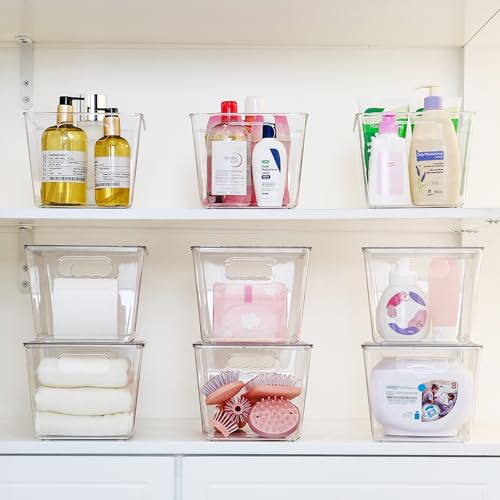 Vtopmart 4 Pack Clear Stackable Storage Bins with Lids, Large Plastic Containers with Handle for Pantry Organizer and Storage,Perfect for Kitchen,Fridge,Cabinet, Closet,Bathroom Organization - size: L( 11"L x 7.5"W x 6"H)