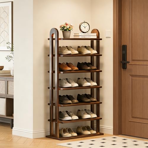 Vertical Shoe Rack - 7 Tier Tall Narrow Shoe Rack Organizer for Small Spaces, Skinny Shoe Shelf Space Saving Shoe Storage, Solid Wood Shoe Shelf for Entryway, Closet, Corner, Doorway, Walnut