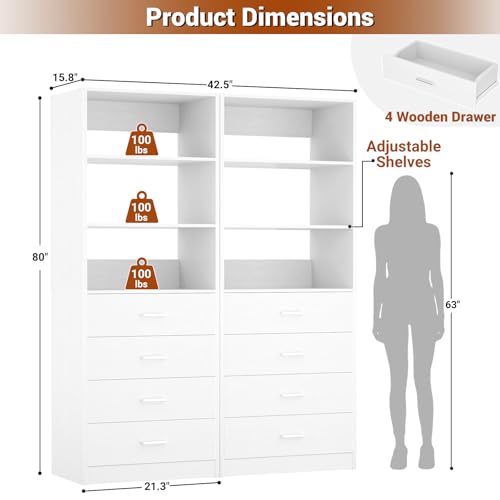 Aheaplus Closet Drawers Organizer System, 3.54FT Wood Closet System with 4 Drawers, Modular Walk-in Closets Storage Unit, Tall Bookshelf Storage Cabinet, White (2 Packs) - color: White, size: 42.5''