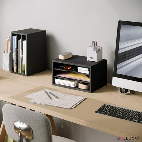 Ballucci File Organizer, 3-Tier Document Paper Sorter, Stackable Wood Desk Organizer, Mail Sorter and Monitor Stand with Storage Shelves, Black - color: Black, size: 3 Tier