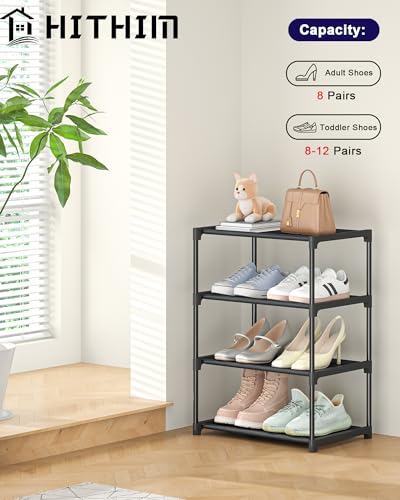 HITHIM 4 Tiers Small Shoe Rack,Narrow Stackable Shoe Shelf Organizer,Sturdy Shoe Stand, Non-Woven Fabric Metal Shoe Racks for Entryway, Doorway and Bedroom Closet - size: 4-tier