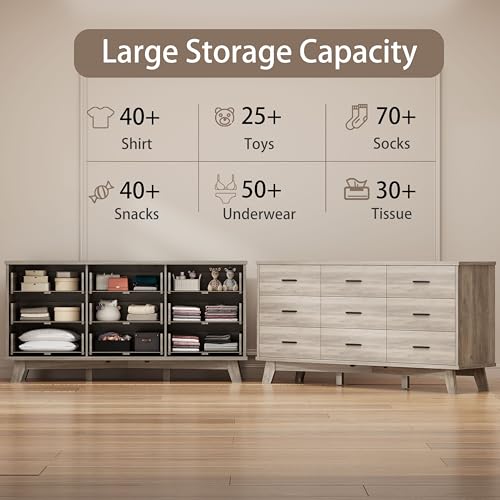 Xixini Dresser for Bedroom, 9 Drawer Wide Modern Chest of Drawers with X-Shaped Sturdy Base, Wood Double Dresser Closet Clothes Storage Organizer, Wooden TV Stand for Living Room, Hallway, Grey - color: Grey, size: 15.6"D x 59.1"W x 29.5"H (9 Drawers)