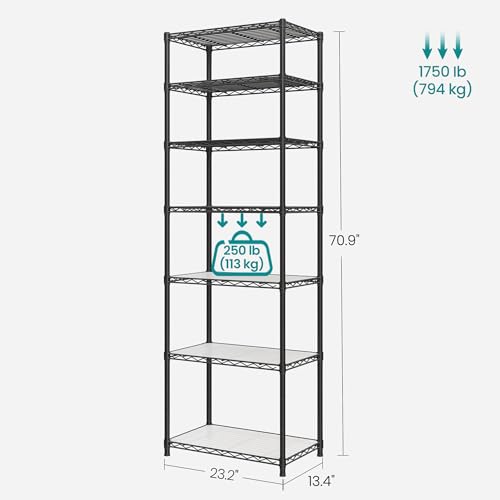 SONGMICS 7-Tier Storage Shelves, Wire Shelving Unit, Kitchen Metal Shelves, Storage Rack with Adjustable Shelves, Shelf Liners, 8 Hooks, for Garage, 13.4 x 23.2 x 70.9 Inches, Black ULGR067B01 - color: Ink Black, size: 7 Tiers (13.4"D x 23.2"W), style: Wi