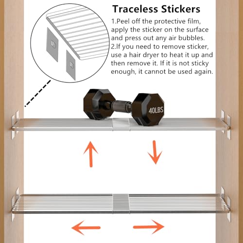 Slideep Adjustable Closet Storage Shelves with Seamless Sticker, Stainless Steel Expandable Wardrobe Shelves Organizer System for School Locker, Under Sink (Large, 2Pack) - size: 12"D x 16.9"W