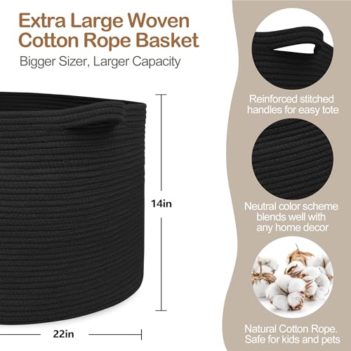 MEGASKET Large Black Blanket Basket, 22" X 22" X 14" Woven Rope Bin for Storage, Kids Dog Toy Storage Box Organizer Bins, Blanket Holder for Living Room, Decorative Wicker Basket for Organizing - color: Black, size: 22"x22"x14"