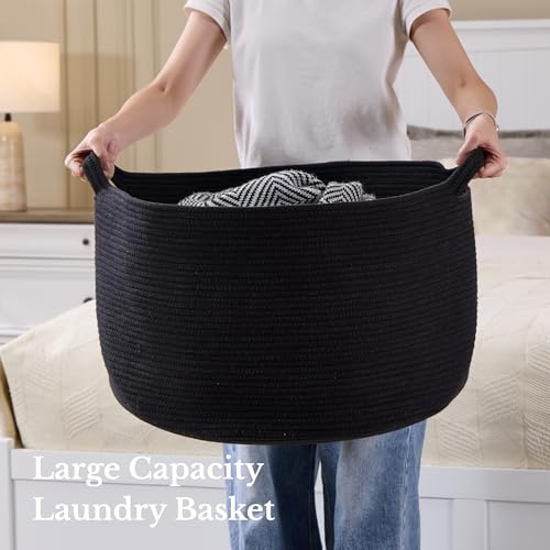 Luxury Little Extra Large Nursery Storage Basket, 22 x 22 x 14 inches - 100% Cotton Rope Baskets with Handles, Blanket Basket for Toys, Blankets & Pillows - Inner Black - color: Pure Black