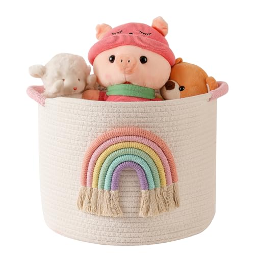 INough Toy Storage Baskets Woven Cotton Rope Storage Basket with Rainbow Decor for Kids, Blanket Baskets for Living Room Toys Organizer Rainbow Baby Gifts Basket with Handle for Girls Nursery Playroom - color: Multicolored