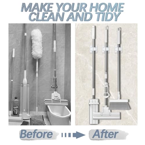 3-H 24-Pack Self Adhesive Broom Holder Wall Mount - Heavy Duty No Drill Broom Organizer for Garage Closet Kitchen, Plastic Storage Rack for Brooms Mops Tools, Peel and Stick Adhesive, White - color: Beige White, size: 24