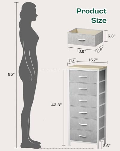 Huuger 43.3 Inch Tall Dresser for Bedroom, 6 Drawer Night Stand & Chests of Drawers, Fabric Dresser for Closet, Bedroom, Nightstand, End Table with Metal Frame, Storage Tower with Fabric Bins, Grey - color: Grey, size: 43.3inch(6 Drawers)