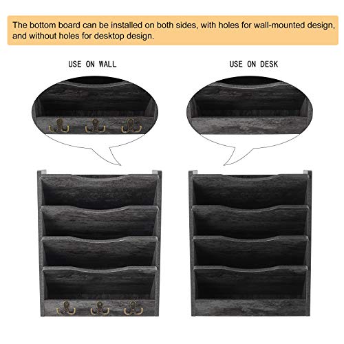 PAG 5-Tier Wall File Holder Hanging Mail Organizer Wood Magazine Literature Rack with 6 Hooks, Dark Gray - color: Dark Gray