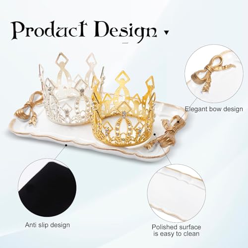 Warmtree Vintage Jewelry Organizer, Decorative Tray for Jewelry, Towel, Storage, Rings, Bracelets, Earrings, Cosmetics, Retro Design, Bow Decor Resin Plate Coquette for Room Decor, White - color: White