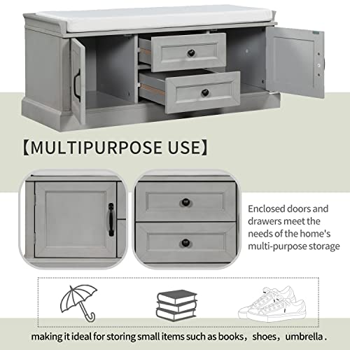 P PURLOVE Rustic Storage Bench Wood Entryway Storage Bench with 2 Cabinets and 2 Drawers, Wood Shoe Bench Storage Bench with Removable Cushion for BeadRoom,Hallway, Entryway,Assemble Required - color: Gray Wash, size: with 2 Drawers and 2 Cabinets