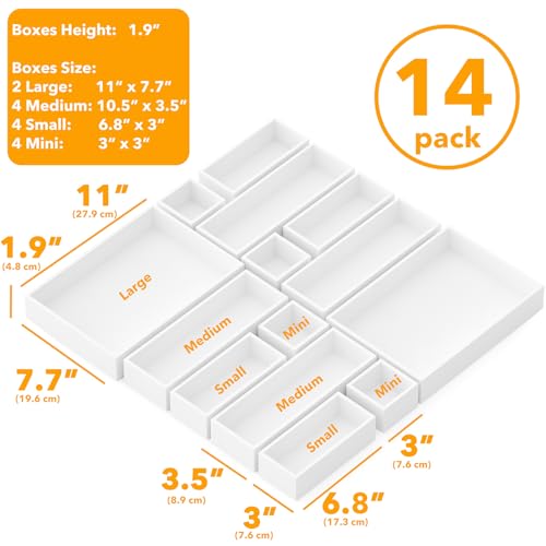 SpaceAid 14-Piece Bamboo Drawer Organizer Storage Boxes Set, Wood Tray Junk Drawer Organizers Multi-Use Divider Bins for Kitchen, Bathroom, Office Desk and Makeup Organization (14 Pack, White) - color: White