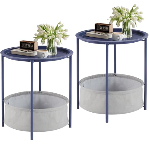 VECELO Round Side/End Table with Fabric Storage Basket，Metal Anti-Rust and Waterproof Small Bedside Nightstand with Removable Tray Top for Living Room，Balcony & Laundry，Blue /2pcs with Basket - color: Blue, size: 2 PCS with Basket