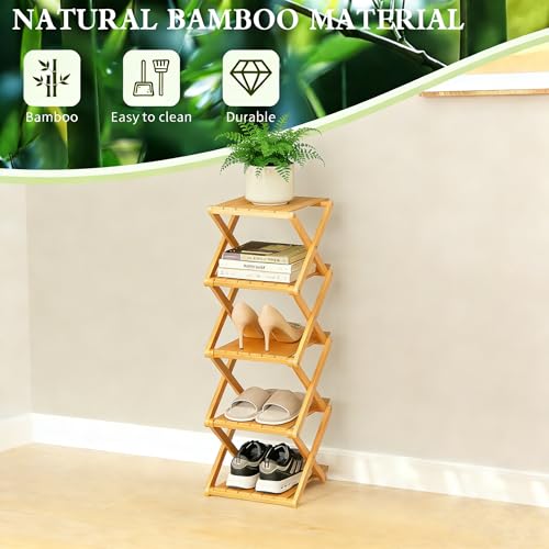 Bamboo Shoe Rack - No Assembly Required, Tall Narrow Foldable Shoe Organizer, Space-Saving Multifunctional Shelf for Entryways, Corners, Bedrooms, Balconies, 7 Layer(Reinforced and Thickened) - color: Wood Color, size: 7 Layers