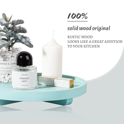 Round Decorative Tray Wood Bathroom Counter Organizer Farmhouse Kitchen Decor Wooden Riser for Soap Dish, Perfume, Candle, Sponge, 10" - Light Blue - color: Light Blue, size: 10"