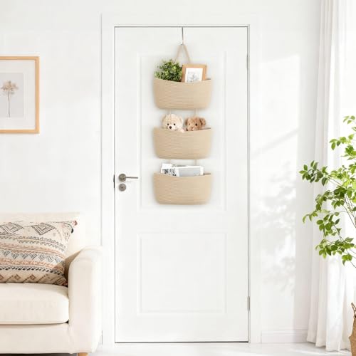 Dahey Over The Door Hanging Basket 3-Tier Woven Boho Wall Mounted Storage Organizer with Hooks for Bedroom Nursery Bathroom Apartments Dorm Pantry Decor, Jute - color: Jute, size: 3-Tier