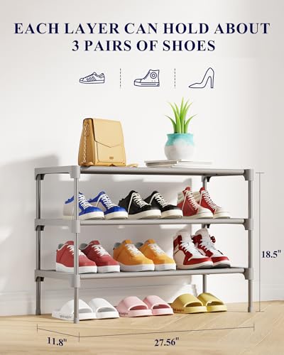 Kitsure Shoe Rack - Non-Woven Shoe Rack Shelf, Shoe Organizer for Closet, Entryway, Garage & Corridor, Stackable Shoe Shelves, 27.5" Wide - 3 Tier, Grey - color: Grey, size: 27.5" Wide - 3 Tier