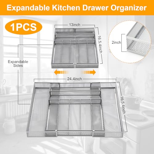 1 Pcs Utensil Drawer Silverware Organizer, Metal Mesh Expandable 13" ~24" Kitchen Drawer Organizer, 7-9 Slots Cutlery Tray Dividers for Kitchen Flatware Christmas Housewarming Gift (Sliver) - color: Sliver