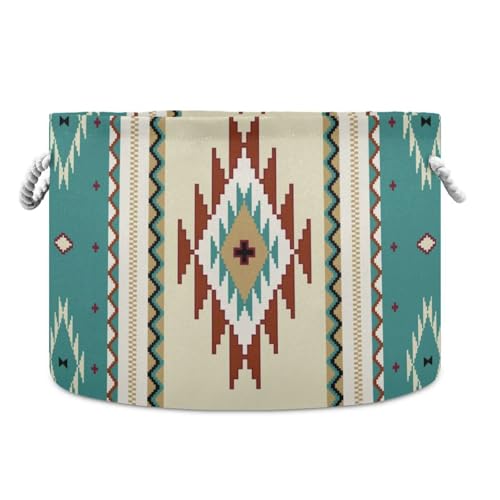 Teal Ethnic Aztec Print Round Storage Basket Retro Tribal Navajo Geometric Large Laundry Hamper 20 x 20 x 14 Inches Organizer Bin with Handles Clothes Storage Bag for Nursery Bedroom Living Room Decor - color: Teal