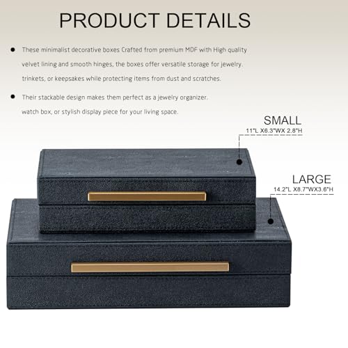 Set of 2 Black Shagreen Storage Boxes with Gold Metal Handles – Faux Leather Jewelry Organizer, Nesting Decorative Box for Photos, Memory Keepsake, Home & Office Decor - color: Black+Gold Handles