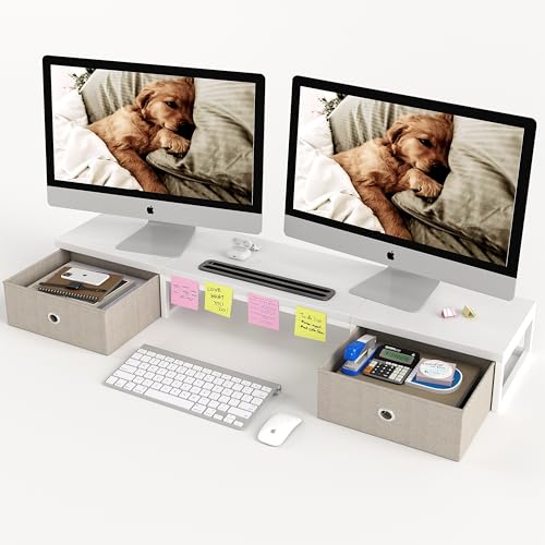 39 Inch Dual Monitor Stand Riser with 2 Drawers - Large White Wooden Computer Stand for 2 Monitors, Ergonomic Desk Organizer with Phone Holder, Desktop Storage for Laptop, Office Supplies, Home Office - color: White