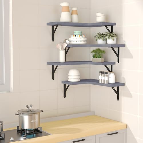 ROMGUAR CRAFT Corner Floating Shelves Wall Mounted Set of 4, Rustic Wood Storage Display Shelves for Home Decor, Bathroom, Kitchen, Bedroom, Living Room, Office (Grey) - color: Grey