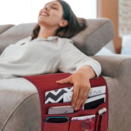 Teniux Remote Control Holder Armchair Caddy for Recliner Couch, Non-Slip Armrest Organizer with 5 Pockets for Magazine, Tablet, Phone, iPad (Red) - color: Color J- Red
