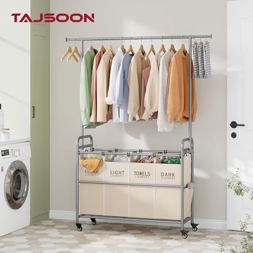 Tajsoon Laundry Hamper with Hanging Rack, Laundry Sorter 4 Sections, 4 Basket Butler with Lockable Wheels and Removable Bag, Rolling Laundry Cart for Bedroom, Beige - color: Beige, size: 4 bag