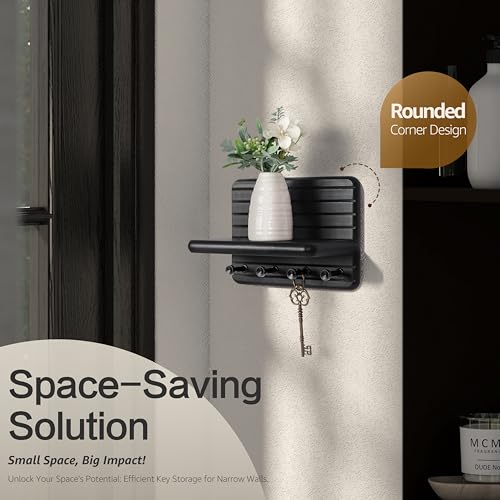 Rebee Vision Small Key Holder Wall Mount for Home Decor – Modern 7-inch Key Rack for Wall with 4 Sturdy Hooks & Mini Floating Shelf - Ideal Home Organization Solution for Small Space (Black) - color: Black, size: Small-7inch