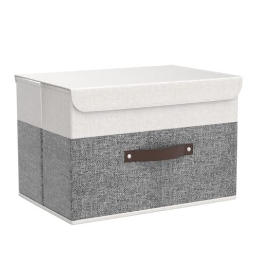OUTBROS Large Cube Storage unit Boxes, Collapsible Bin with Lid, Linen Fabric Wardrobe Organiser, Baskets For Towels, Clothes, 17.7 x 11.8 x 11.8 inch (White/Grey, 3-Pack) - color: White/Grey, size: 17.7x11.8x11.8in(3-pack)