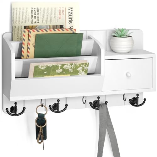 Rebee Vision Key Holder Wall Mount and Mail Organizer : Farmhouse Key and Mail Holder for Wall with Drawer and 7 Key Hooks - Decorative Home Organization for Wall Decor Aesthetic (White) - color: White