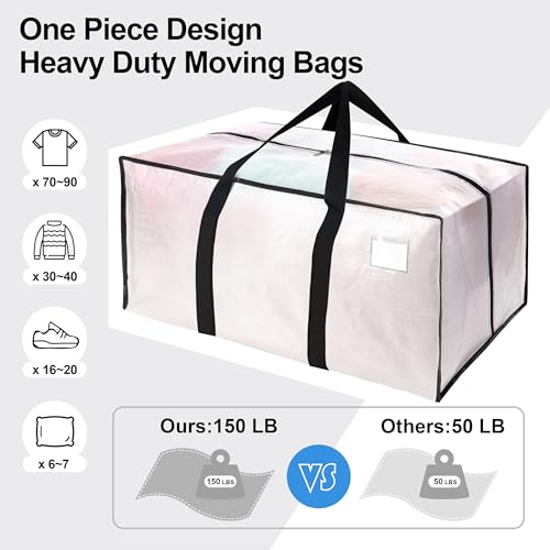 6 Pack Heavy Duty Extra Large Moving Bags W/Backpack Straps - Strong Handles & Zippers, Storage Totes For Space Saving, Fold Flat, Alternative to Box and Bin (40 gal, Semi-Transparent) - color: Semi-Transparent, size: 40 Gal - 6 Pack