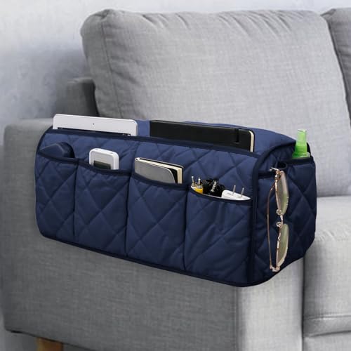 Sofa Armrest Organizer,Couch Remote Control Holder with 14 Pockets Waterproof Non Slip Recliner Organizer for TV Remotes Caddy, Book, Magazines, Ipad - color: Blue