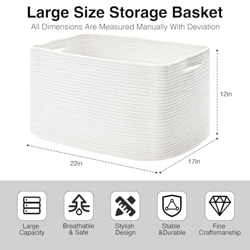 ICERZCZ Large Rectangle Blanket Basket, Large Storage Basket, Cotton Rope Woven Baskets for Storage with Handles, Toy Baskets for Baby Nursery Living Room Bedroom, 22”x17”x12”, White, 75L - color: White, size: 22”x17”x12”