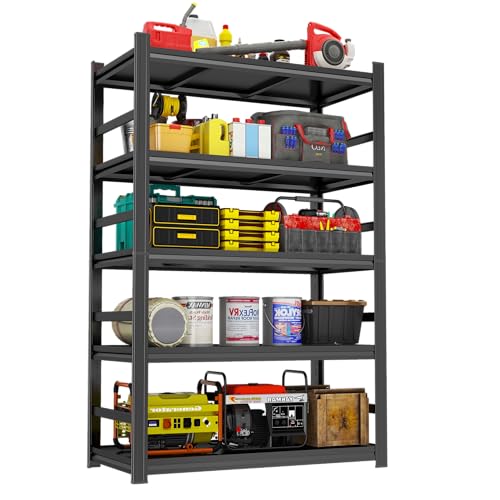 78" H Garage Shelving Heavy Duty, 5 Tier Shelving Unit, 2500LBS Industrial Metal Garage Shelves, Adjustable Utility Shelf Organizer Storage, Use for Basement, Warehouse, Pantry Closet, Black - size: 47.3"W x 18"D x 77.5"H