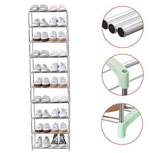 Jucaifu Stackable Small Shoe Rack, Entryway, Hallway and Closet Space Saving Storage and Organization (10-Tier, Green) - color: Green, size: 10-Tier