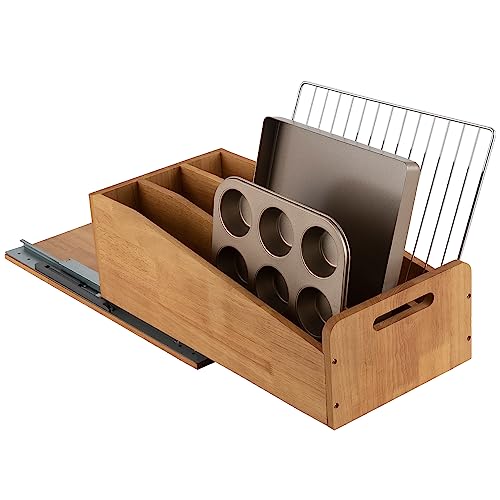 DINDON Pull Out Cabinet Organizer for Pans, Cookie Sheet, Bakeware, Cutting Board, Slide Out Kitchen Cabinet Storage Organizer Rack, 10.5''W X 21"D X 7.5"H, Wood - size: 7.5"H