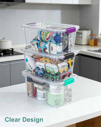 EOENVIVS Clear Storage Bins with Lids 6 Pack, 7 Qt Stackable Storage Containers with Buckle Lock, Durable Plastic Containers & Storage Box Organizer for Pantry, Bathroom, Closet & Office Use - color: Clear+Purple