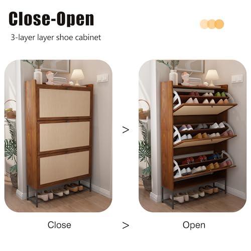 AVZEAR Narrow Shoe Storage Cabinet with 3 Flip Drawers, Freestanding Wooden Closed Shoe Rack, Slim Cabinet Storage for Entryway, Hallway, Living Room (Walnut) - color: Walnut, size: 3 Drawers