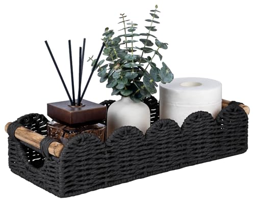 CubesLand Bathroom Basket Organizer w/Cut Out Handle, Back of Toilet Paper Storage Baskets Tray for Bathroom Countertop Decorative, Scalloped Wicker Basket Also for Home Decor, Living Room, Black - color: Black